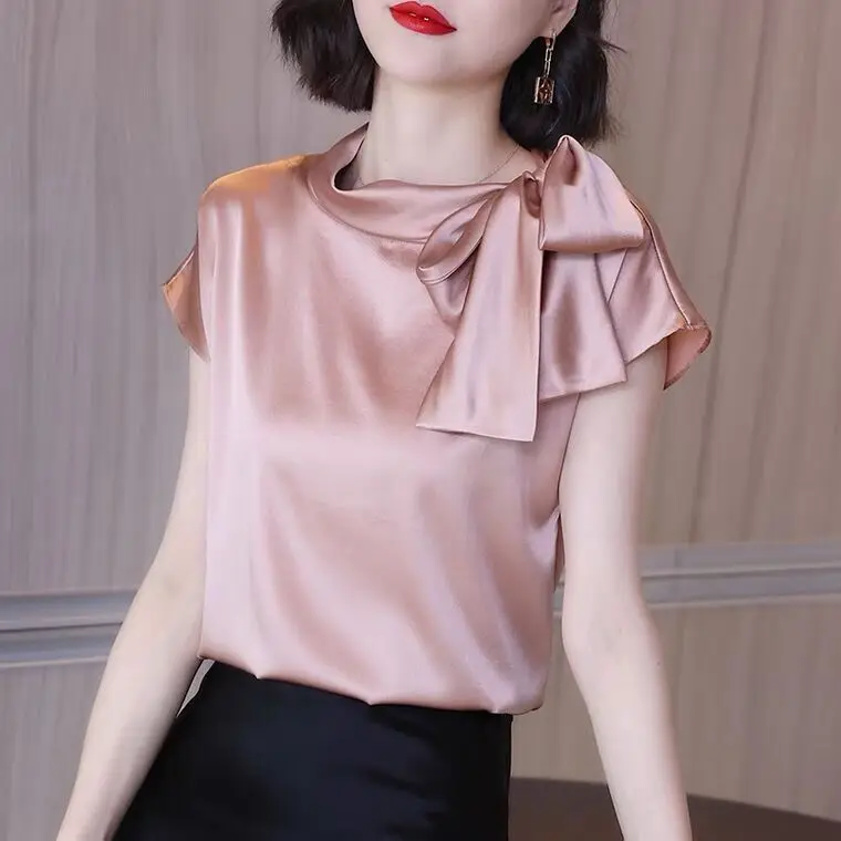 England style Women elegant bow tie silk stain shirts Fashion Acetate satin Tops Shirt Office Lady Blouse blusones de mujer