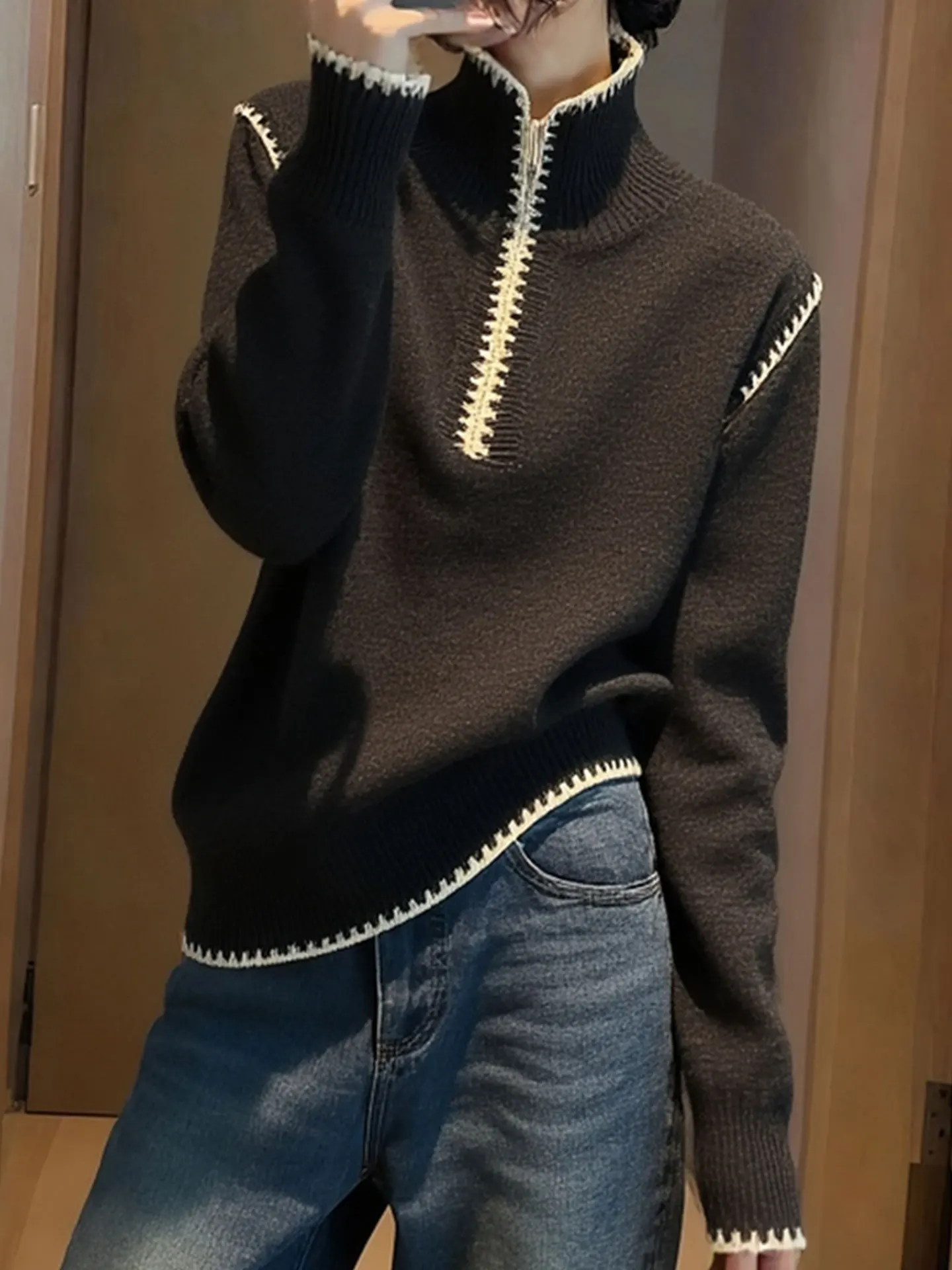 Koreański Design Sensation Color Blo f Zip Long Sve Camere Knitted Sweater Winter Comfortable Warm Women's Top