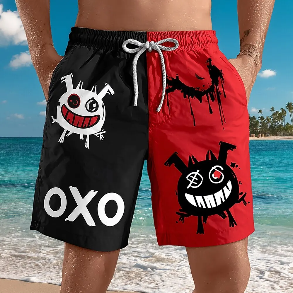 

Мужские повседневные шорты с мультяшным смайликом, цветными блоками, средней посадкой, ретро-дизайном, на шнурке, с боковыми карманами, для активного отдыха летом