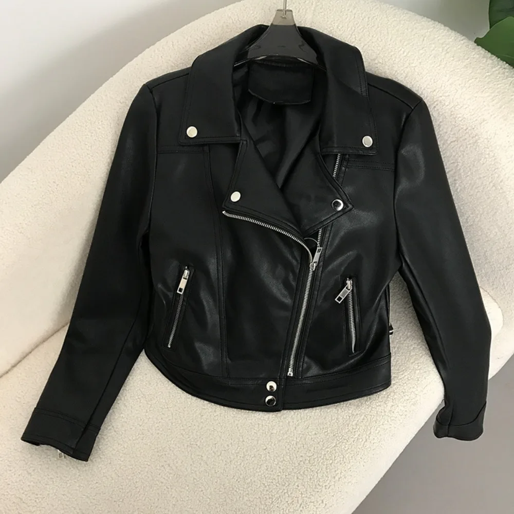 New Faux Leather Jacket Women Streetwear Spring Autumn Motorcycle Zipper Short Pu Coat Female Slim Black Outwear
