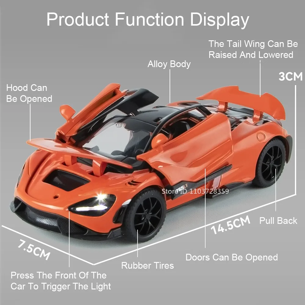 Modelo de coche deportivo F1 765LT, escala 1:32, juguetes de aleación, supercares en miniatura fundidos a presión, puertas con luz de sonido, espalda abierta, regalos para niños