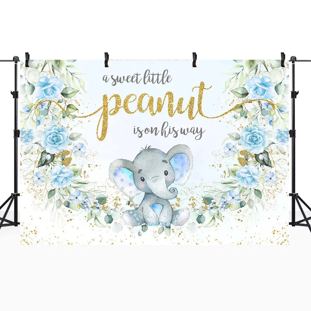 Mocsicka-新生児の出生前のパーティーの背景、青い象、甘い小さなピーナッツ、男の子の誕生日、洗礼、写真の背景、花の装飾