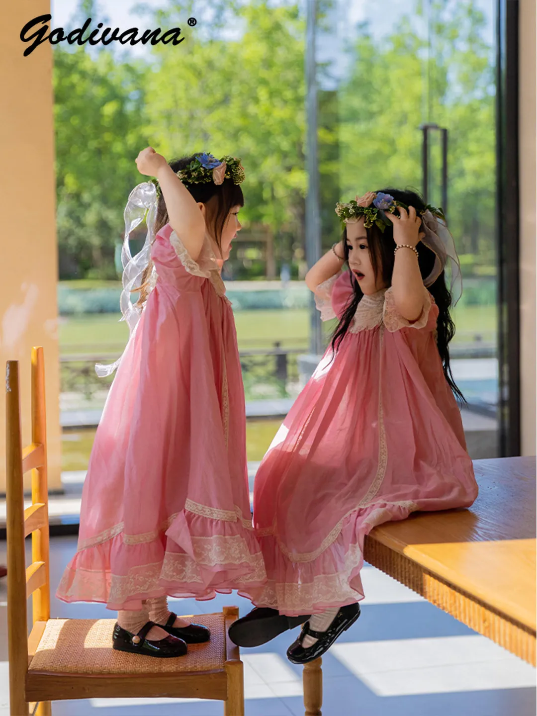 Vestido largo rosa para fiesta de cumpleaños para niñas, vestido maxi de princesa holgado con cuello redondo, mangas abullonadas y ribete de encaje, estilo Dopamine Vacation