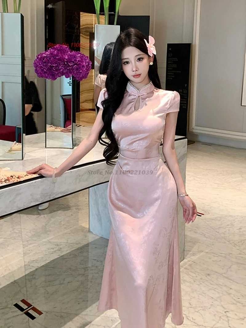 

2026 chinese vintage dress improved cheongsam national satin jacquard qipao dress elegant nightclub dress banquet evening dress