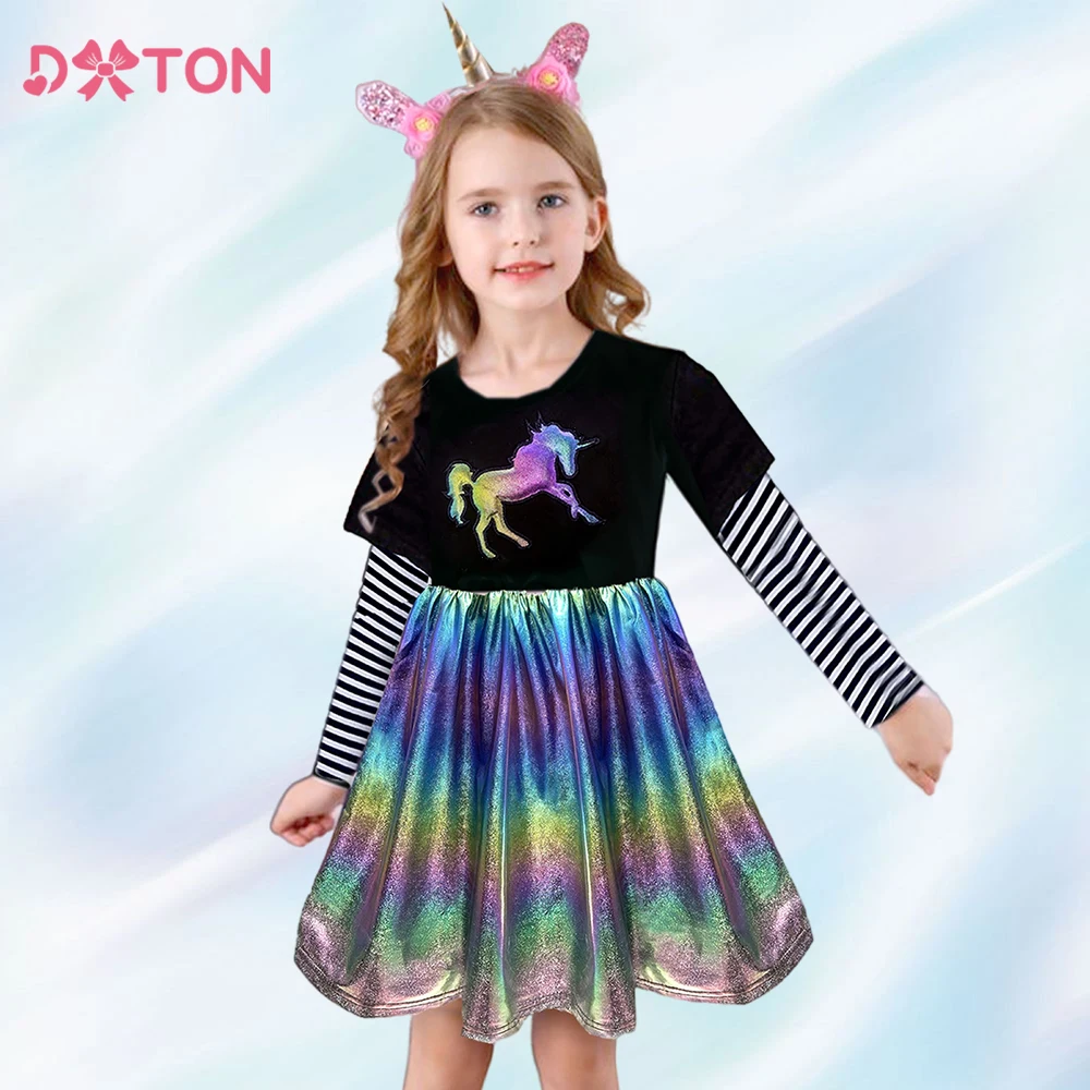 DXTON Winter Kids Dress For Girls Stripe Long Sleeve Children Dresses Licorne Princess Dress Cotton Children Toddler  Costumes