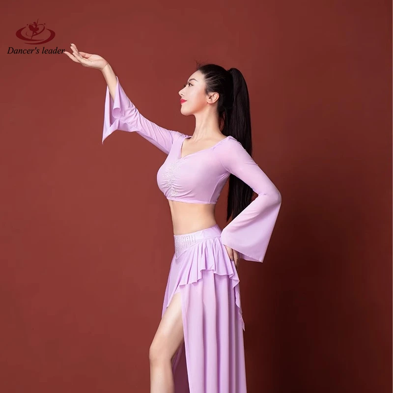 Belly Dance Competition Women's High-end Long Dress suit Diamond light purple Practice Catwalk Performance Clothes