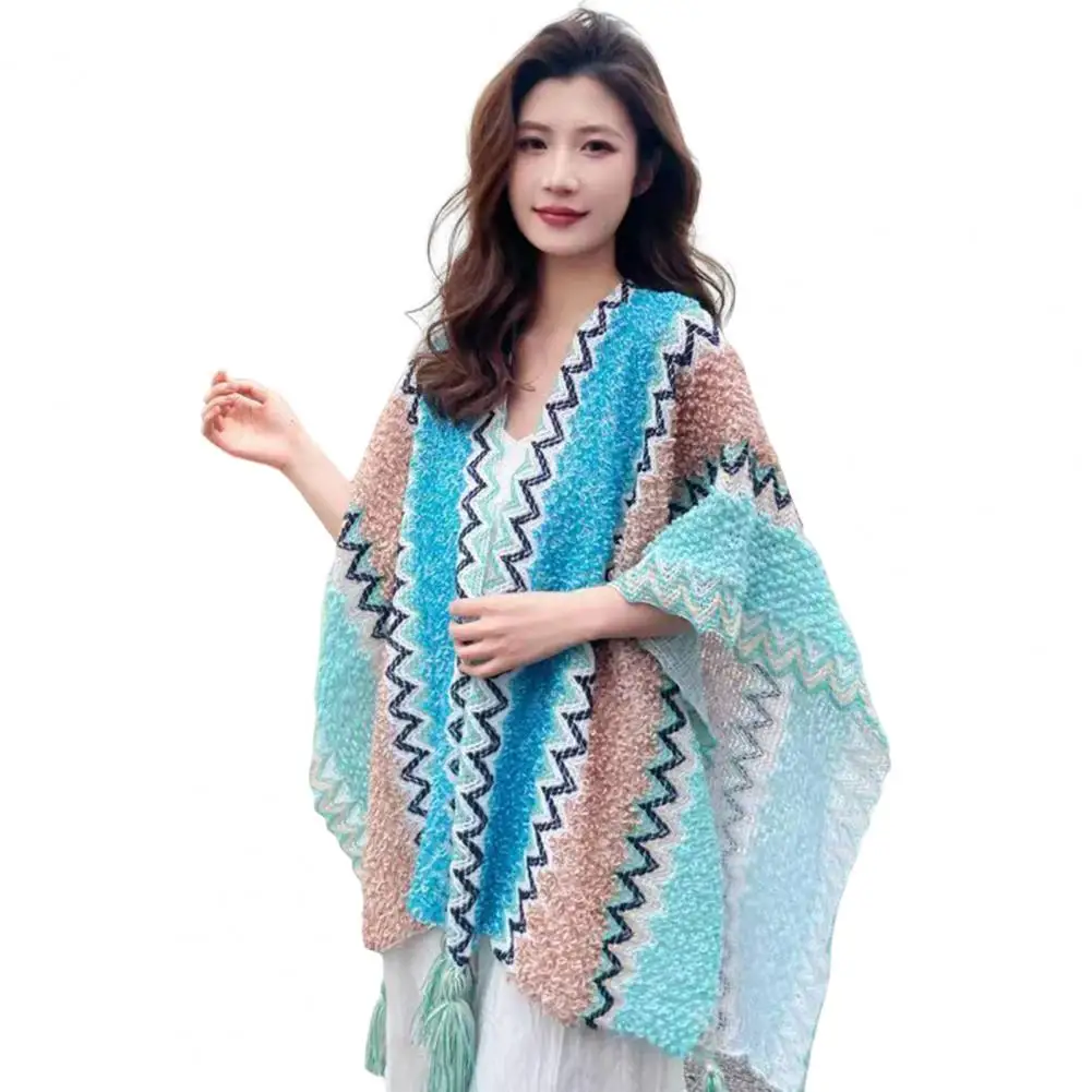 Ethnic Print Shawl Ethnic Style Women Scarf Colorful Striped Boho Shawl with Fringes for Women Ethnic Style Patchwork Scarf