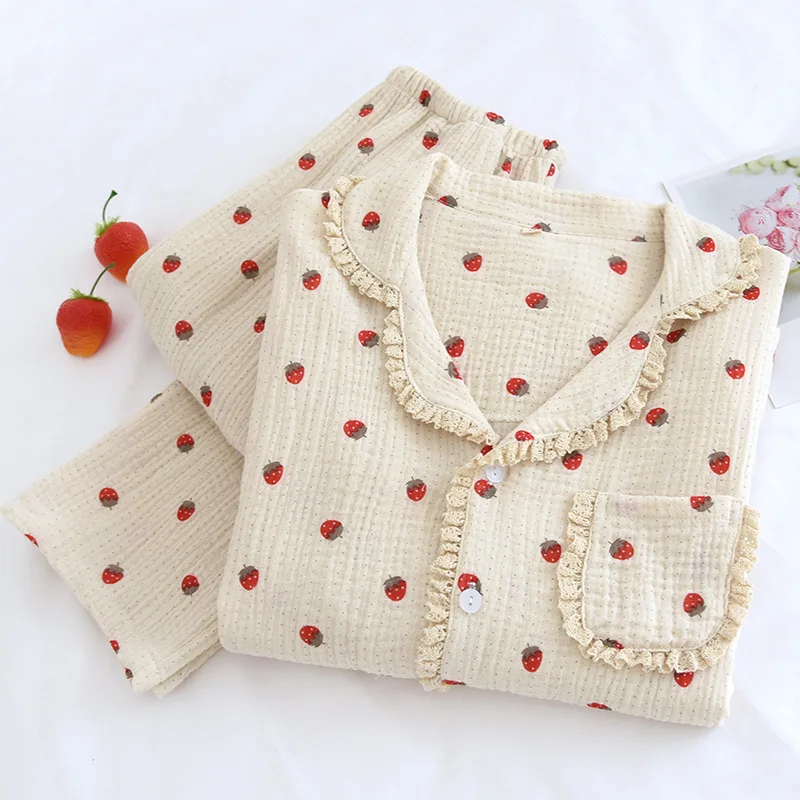 Autumn New Sleepwear Women Two Piece Pajamas Set Ladies Nighty Pure Cotton Pyjama Sweet Girl Strawberry Print Home Clothes