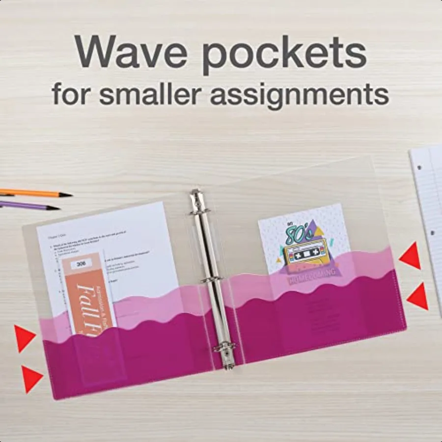 ウェーブバインダー 学校やオフィス用 強くて柔軟なポリ製 4ウェーブポケット 4色アソート 半透明カバー付き