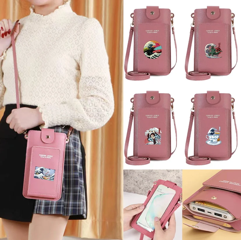 

Mobile Phone Pack Wave Pattern Printing Series Simple Portable Fashion Women's Messenger Rose Pink Multifunctional Bag