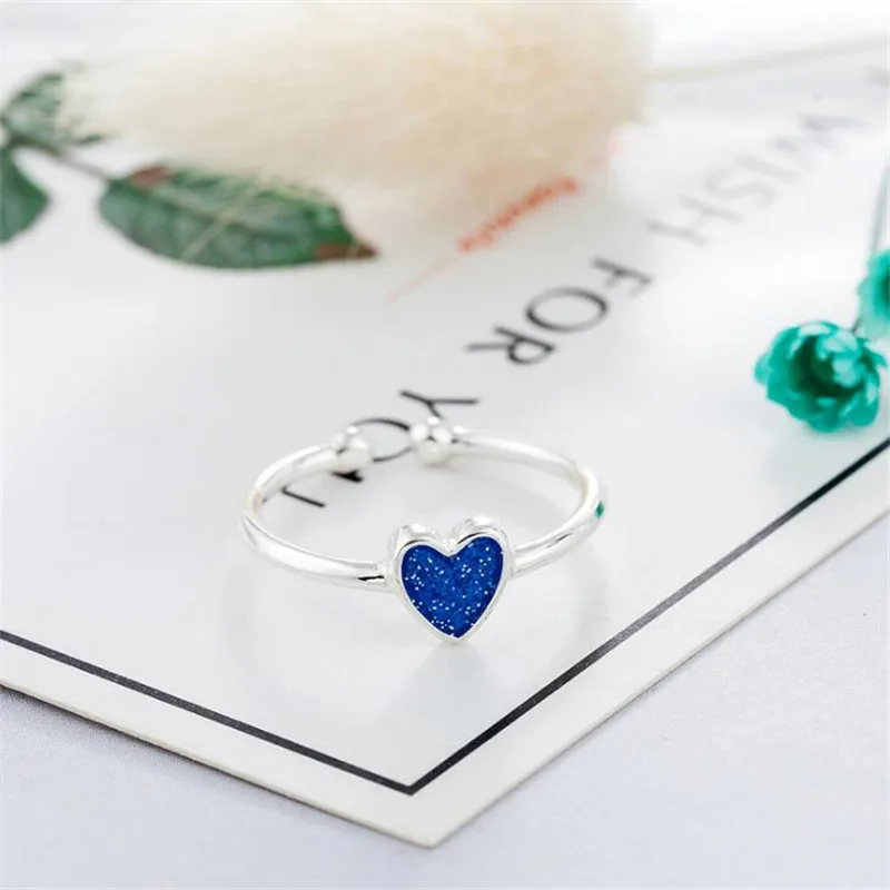 New Temperament Epoxy 925 Sterling Silver Fashion Jewelry Blue Love Heart Shaped Personality Opening Rings R287