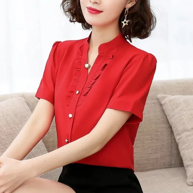 Women\'s Clothing V-Neck Solid Color Summer Short Sleeve Button Ruffles Patchwork Cardigan Shirt Office Lady Minimalist Tops