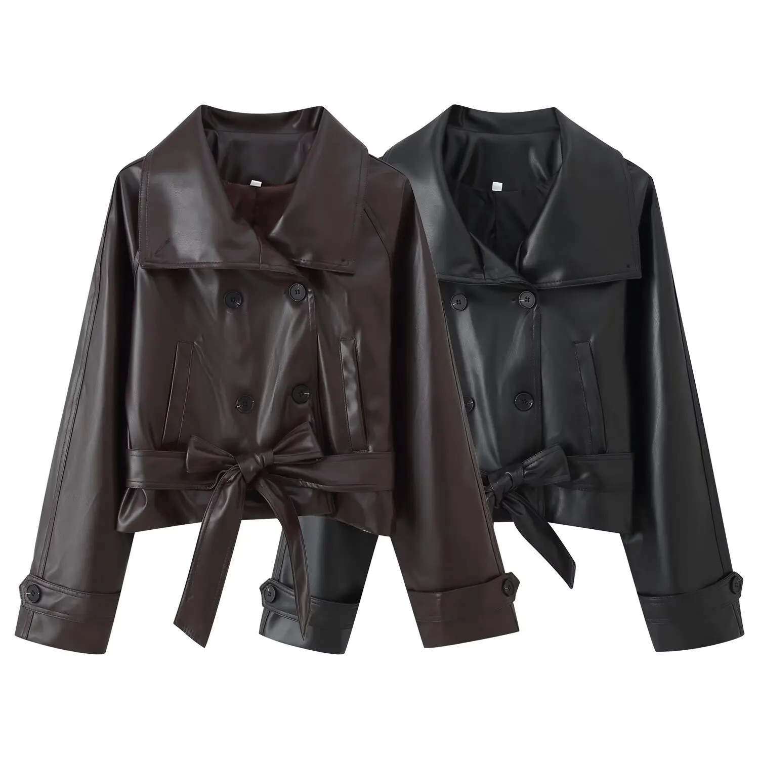 

Women's Cropped Leather Pockets Long With Belt Lapel Double BreastedSleeve Coat Autumn Lady Vintage Outwear