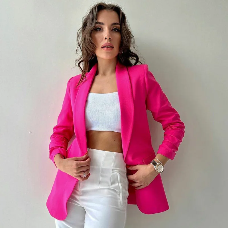 Imagem -03 - Blazers Finos para Mulheres Jaqueta Pequena Tops Casuais Cabolsa Feminino Amarelo Roxo Rosa Vermelho Escritório Moda Primavera Outono 2023