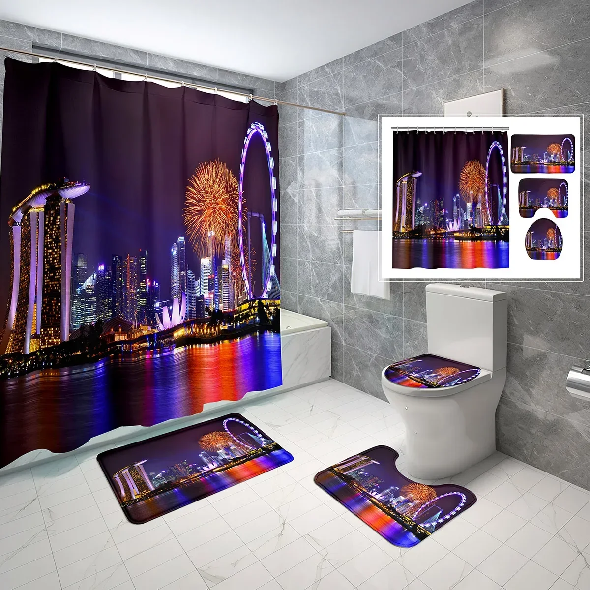 

4 Pcs Ferris Wheel Shower Curtain Set with Rug Toilet Mat Lid Rug Cities Harbor Edifice Night View Shower Curtain Sets