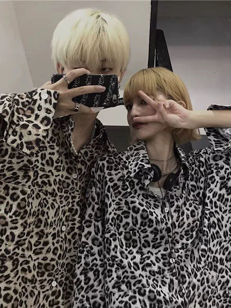 Men Sexy Leopard Print Y2K Ins Chic Shirt Male Autumn Genderless Fashion Youth Nightclub Unisex Blouse Punk Gothic Hip Hop Tops