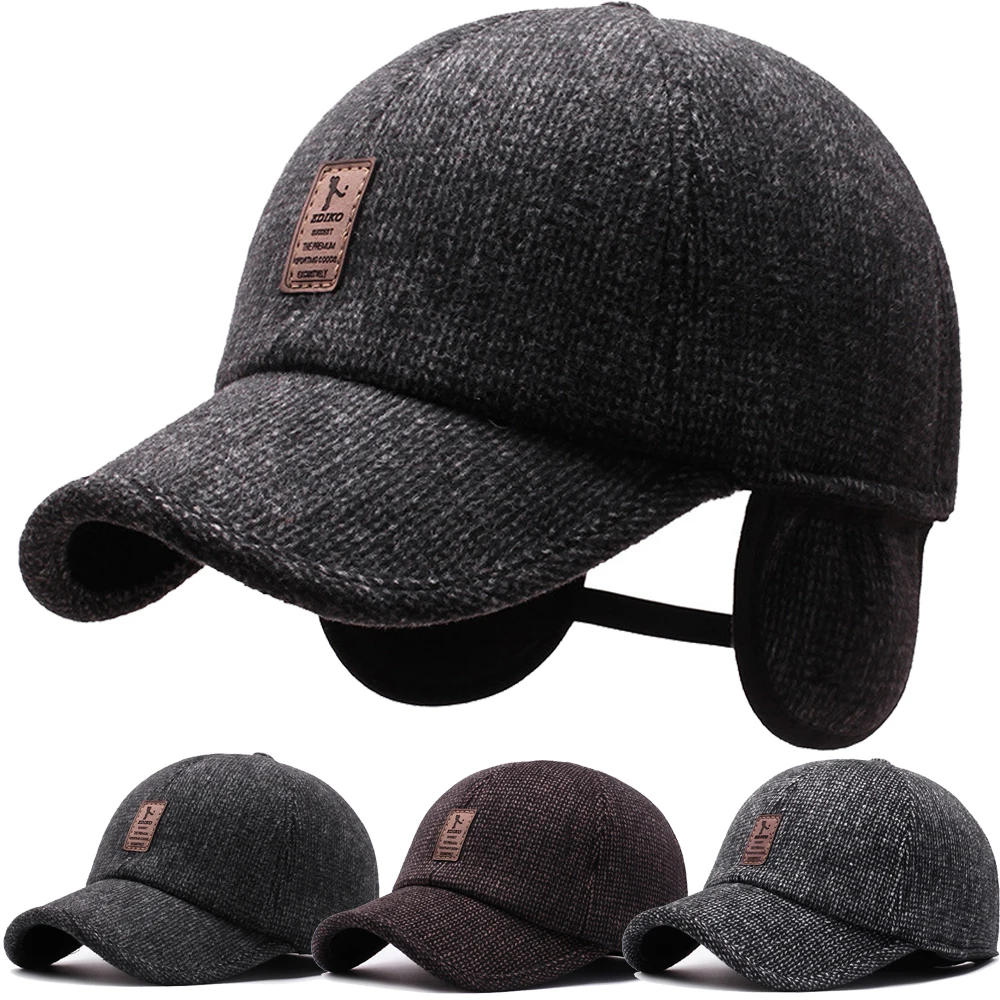 New Baseball Cap Woolen Knitted Winter Ear Cover Baseball Cap Men Thicken Warm Hats with Earflaps Sport Golf Hats Snapback