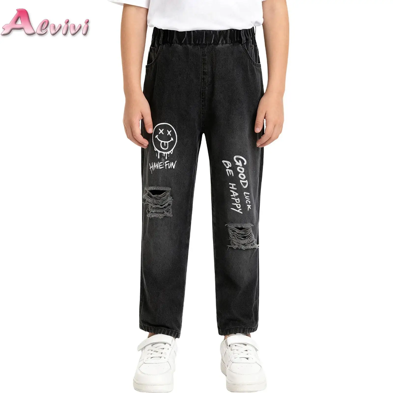 

Kids Boys Letter Printed Ripped Jeans Denim Jeans Children's Street Fashion Casual Pants Elastic Waistband Straight-Leg Trousers