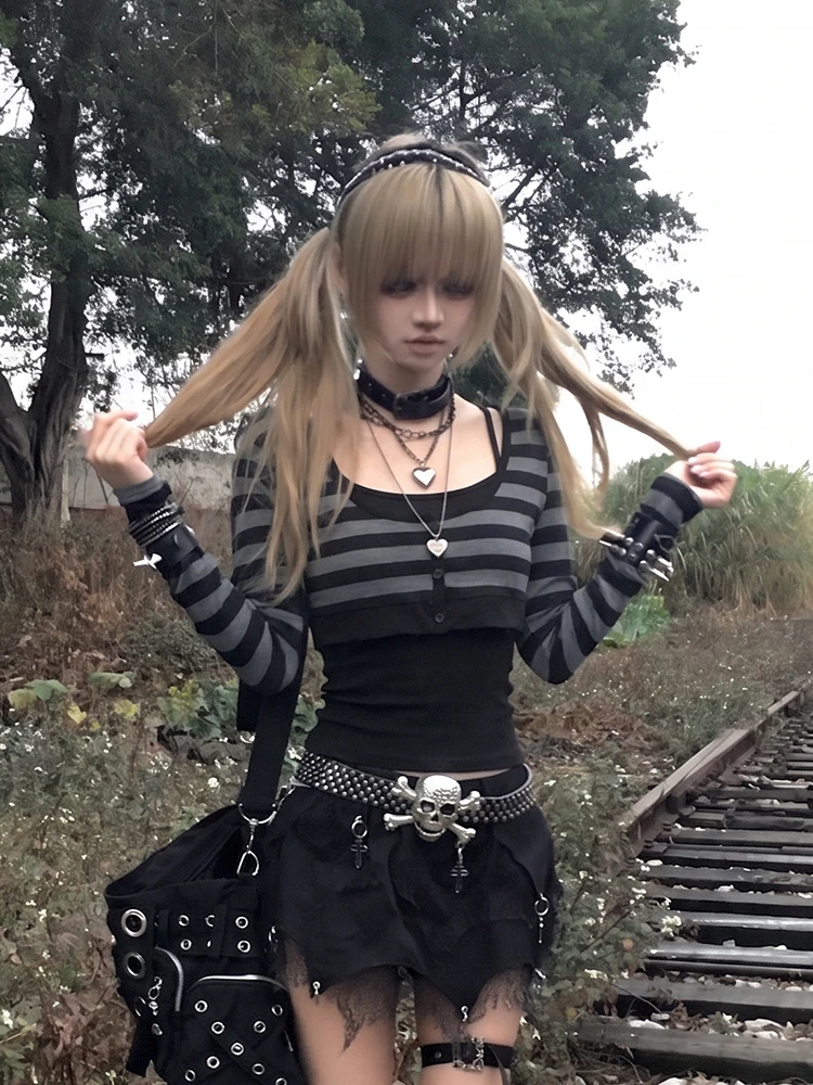 Tonngirls Japanische Y2k Zweiteilige Oberteile für Damen, Langarm Gestreiftes Crop-Top + Ärmelloses Camisole, Amerikanisches Retro-T-Shirt, E-Girl 2000er Jahre – Detail 5