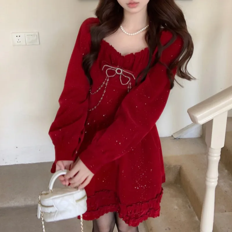 Velour Dresses for Women Long Sleeve Mini Sexy V-neck Soft Autumn Winter High Street Bow Lovely Girls Clothing Young Korean Ins