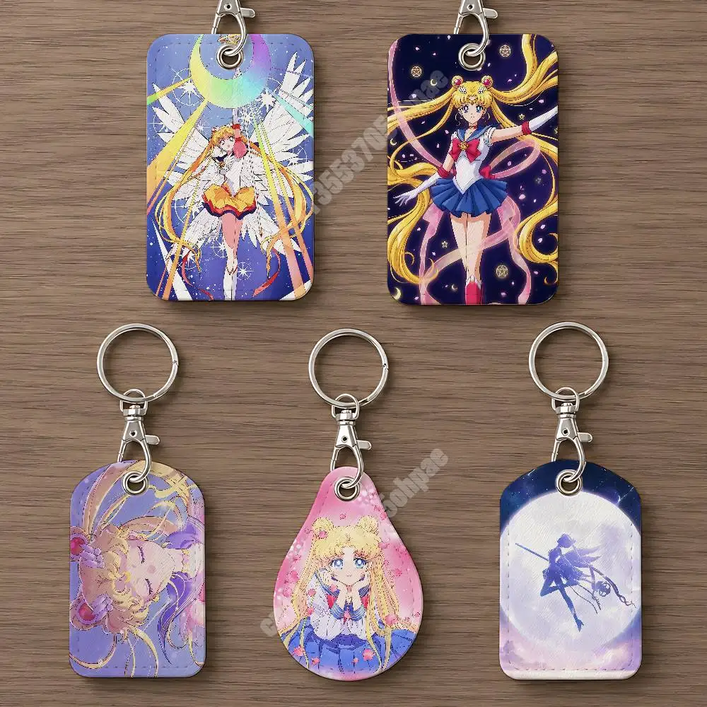 S-Sailor Usagi M-Moon Tsukino Magic Girl Leather Keychain Card Holder for Airtag & ID Cards Business Bag Charm