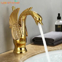 Grifo de lavabo dorado, montaje en cubierta, fregadero, grifos cortos, forma de cisne, fregadero monomando, grifo mezclador de agua fría y caliente