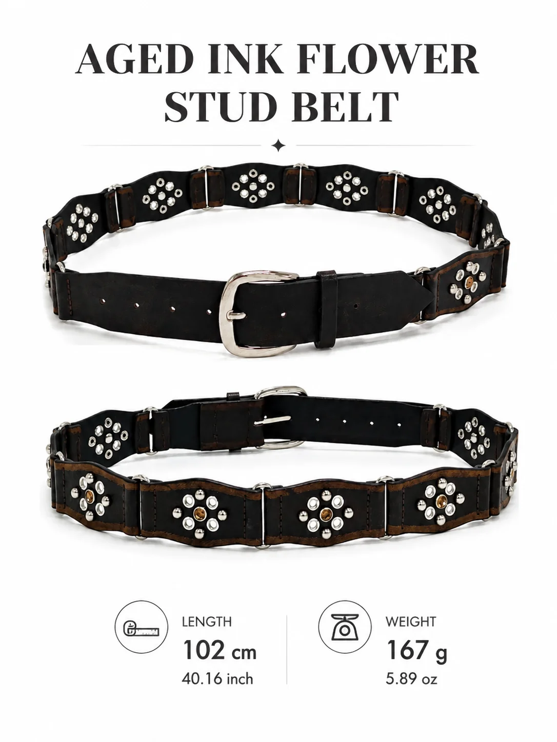 Aged Ink Flower Stud Belt, Vintage Black Waist Belt with Floral Stud Details and Retro Metal Buckle