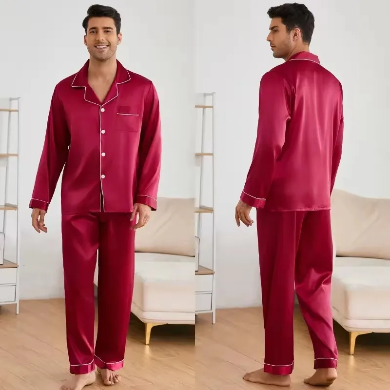 

Men Sleepwear Satin Pajama Sets Long Sleeve Tops with Trousers Pajama Pj Sets Soft and Comfortable Autumn Pajamas Loungewear Set