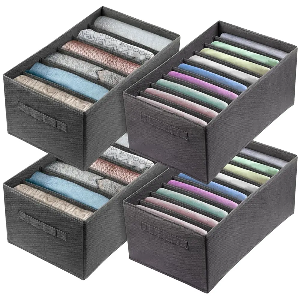 

4Pcs Large Wardrobe Clothes Organizer, 6/9 Grids Foldable Jeans Closet Drawer Organizer Storage Box With Handles For Pants,