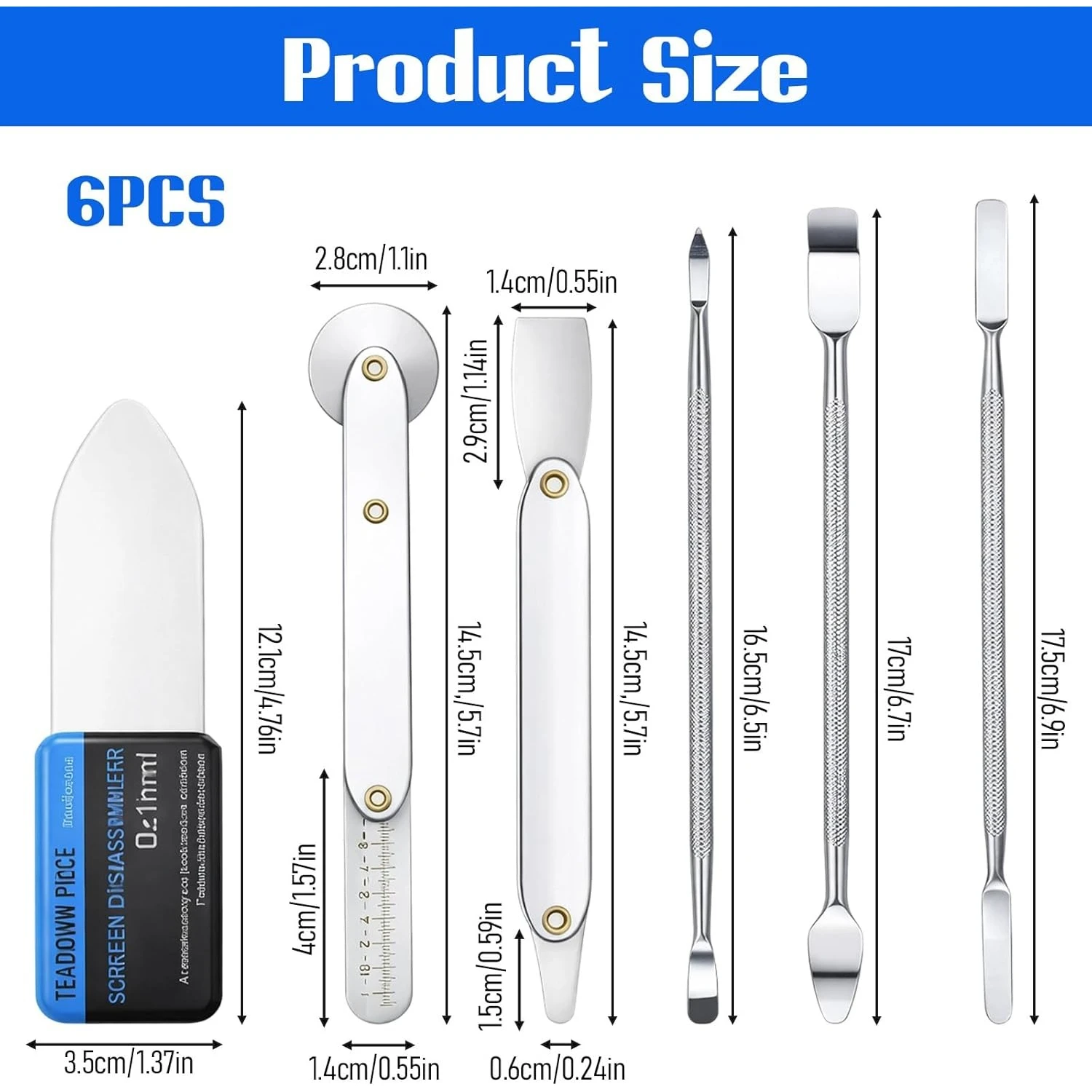 6pcs Metal Pry Bar Tool Set Stainless Steel Phone Repair Kit Ultra Thin Spudger Opening Tool for Laptop Tablet Electronics