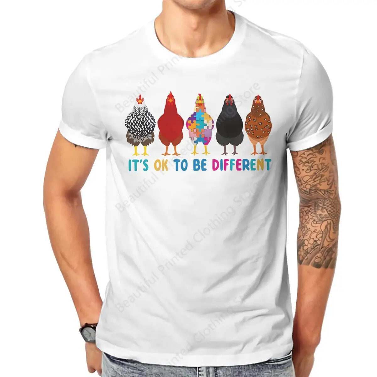 

Men Women Fun T-shirt Autism Awareness It Okay To Be Different Cute Chickens Printed Short Sleeved T-shirts Fashion Loose Tops