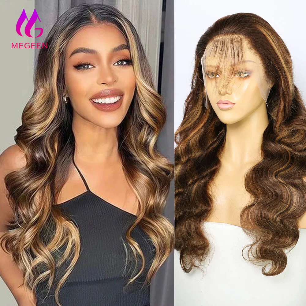 Megeen 하이라이트 허니 블론드 바디 웨이브 풀 레이스 프론트 가발, HD 투명 레이스 프론트 가발, 180% 36 인치 옴브레 컬러 가발, P4/27