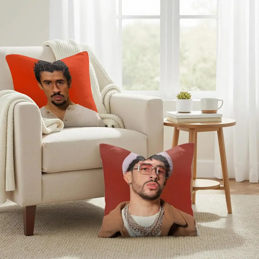 SInger B-Bad Bunny Rapper Cushion Cover Natural Linen Organic Fabric Double-Sided Printing Sofa Home Decor Gift Pillow Case