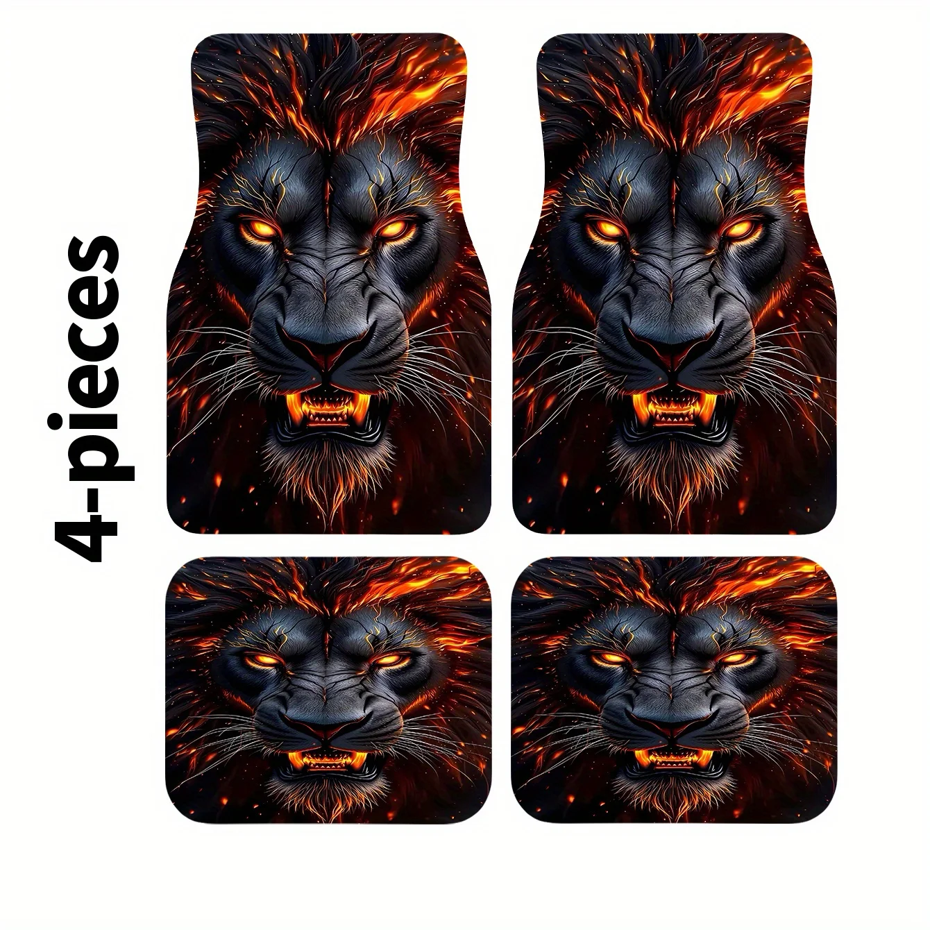 2D, 4pcs Fiery Lion Print Car Mat Set, Stylish Interior Accessory Floor Mats, Easy To Clean, Suitable For Cars, Trucks, And Suvs