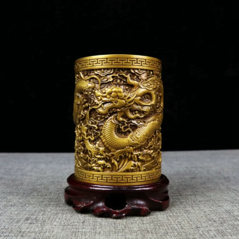 Antique Bronze Zodiac Dragon Pen Holder - Auspicious Beast Relief Desktop Ornament, Scholarly Stationery Craft