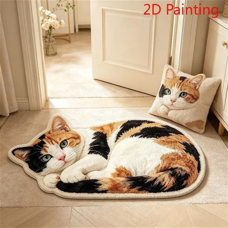 VIKAMA Cute Calico Cat Shape Area Rug For Bedroom Living Room Soft Small Carpet Non Slip Floor Mat Entryway Home Decor