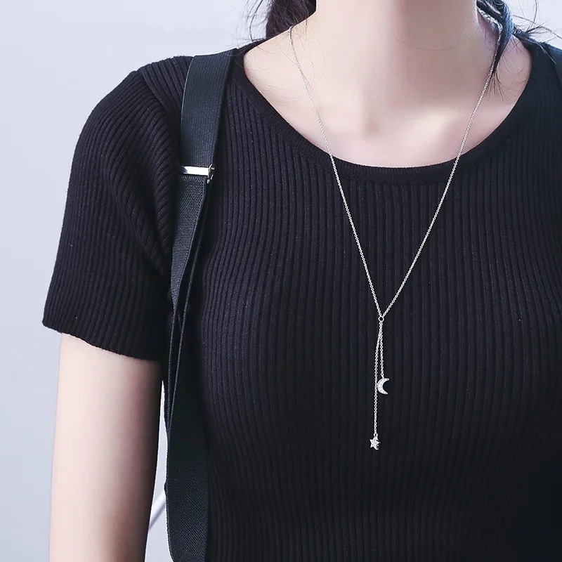 S925 sterling silver necklace simple and versatile fashion micro-inlaid zircon star and moon pendant sweater chain necklace