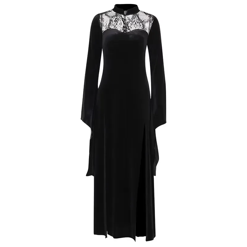 Gothic Dark Costume Sexy Lace Maxi Floor Women Dress Flare Sleeve High Slit Thigh Halloween Costume Witch Horror Outfit Adult
