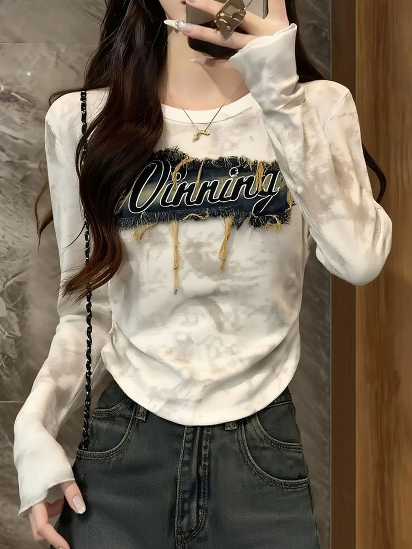 

Faionable Slim Fit round Ne Long Sve T-irt Women's Base irt Trendy Spring European High End Brand American Retro