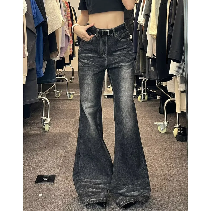 

2025 Woman American High Street Wash Flare Jeans Female Daily High Waist Bell Bottom Pants Girls Fashion Wide Leg Denim Trousers