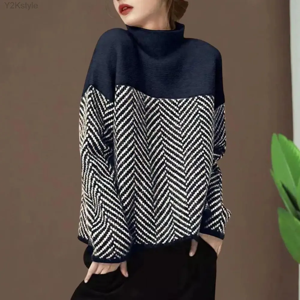 Women's Sweater Autumn Vintage Colorblocking Half Turtleneck Knit Sweater Loose Lazy Style Inside Matching Pullover Sweater Tops