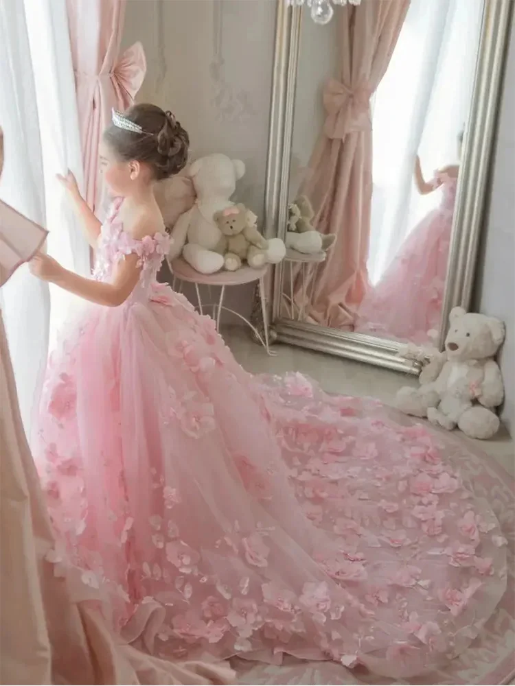 맞춤형 핑크 꽃 소녀 드레스, 3D 꽃 바닥 길이, 공주 생일 파티, 첫 성찬식 무도회 가운