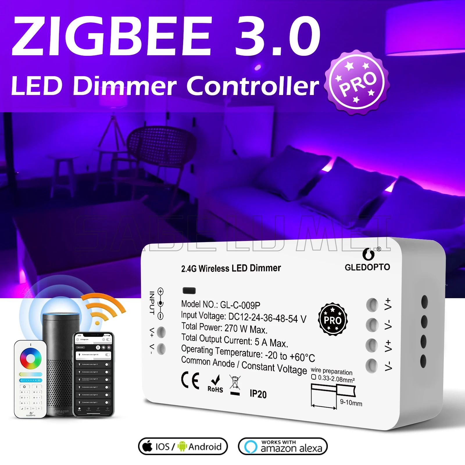 Smart LED Strip Zigbee 3.0 Controller GLEDOPTO RGBCCT Pro Compatible with Hub Tuya SmartThings App 2.4G RF Remote Control Voice