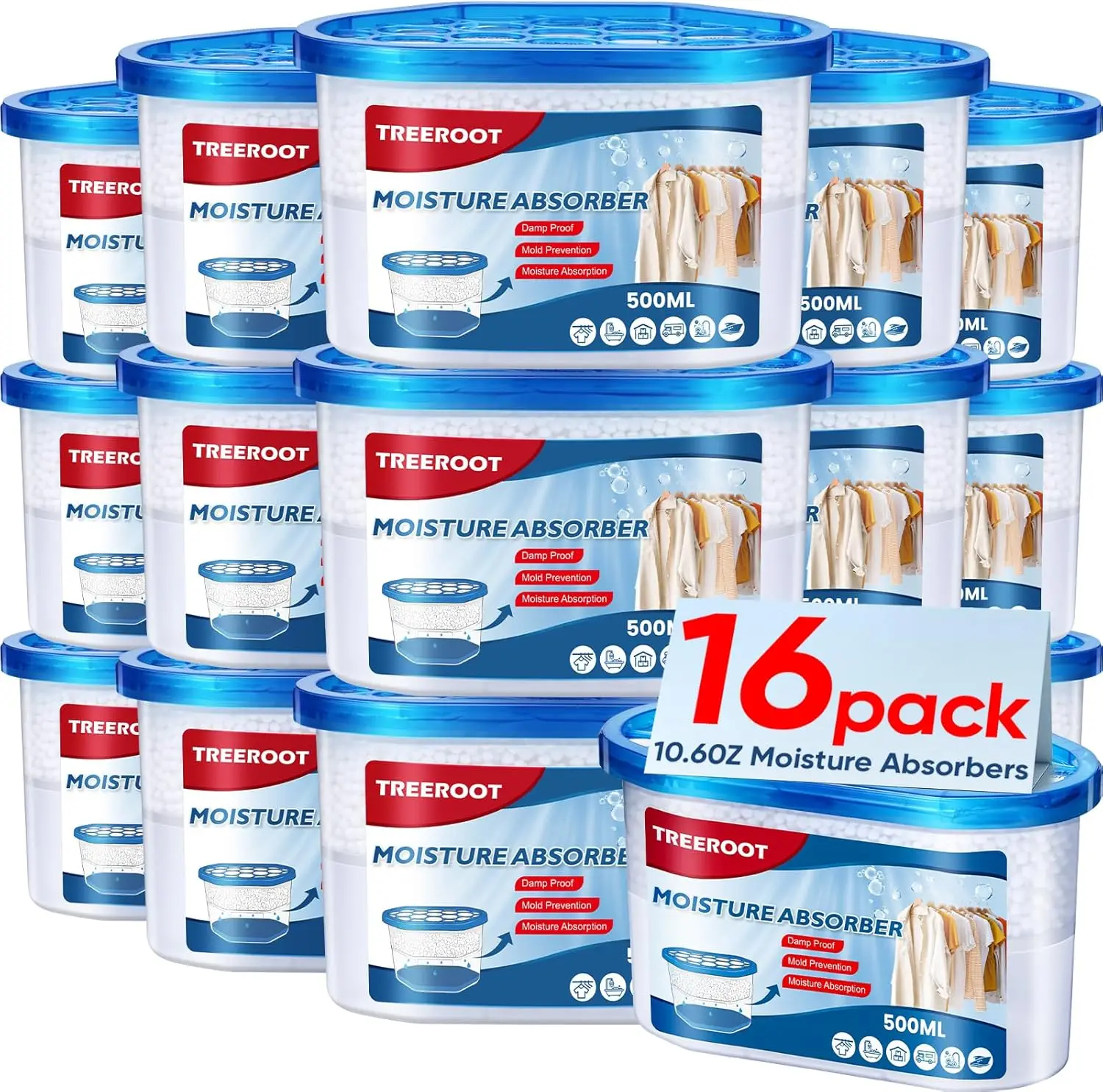 

16 Pack Moisture Absorbers, 10.6 OZ Humidity Absorber Bucket, Moisture Absorbers for Closet, Dehumidifier Bucket for Wardrobes,