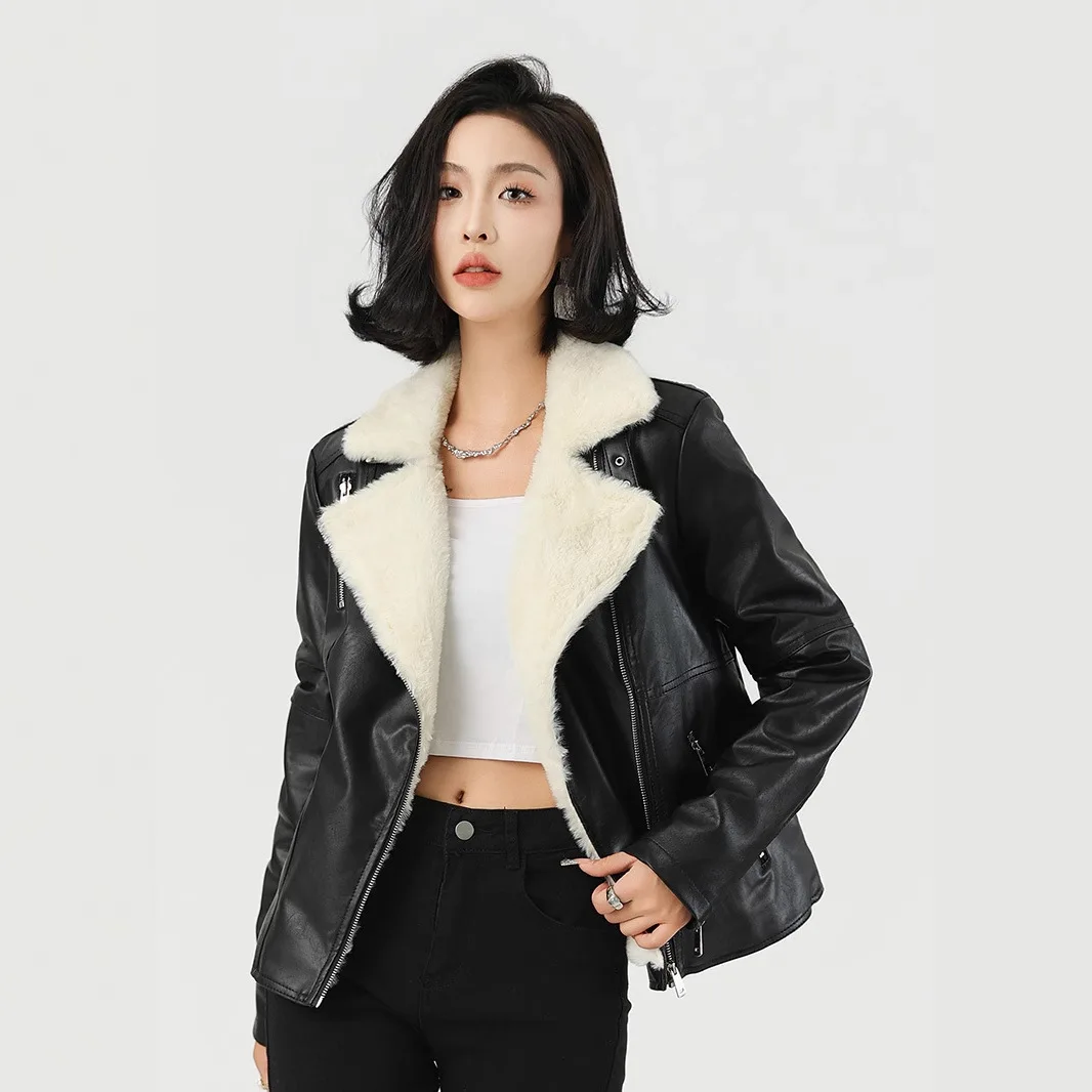 Women's Black Faux Leather Moto Jacket with Beige Faux Fur Lining Warm Cool Winter Outerwear 2026