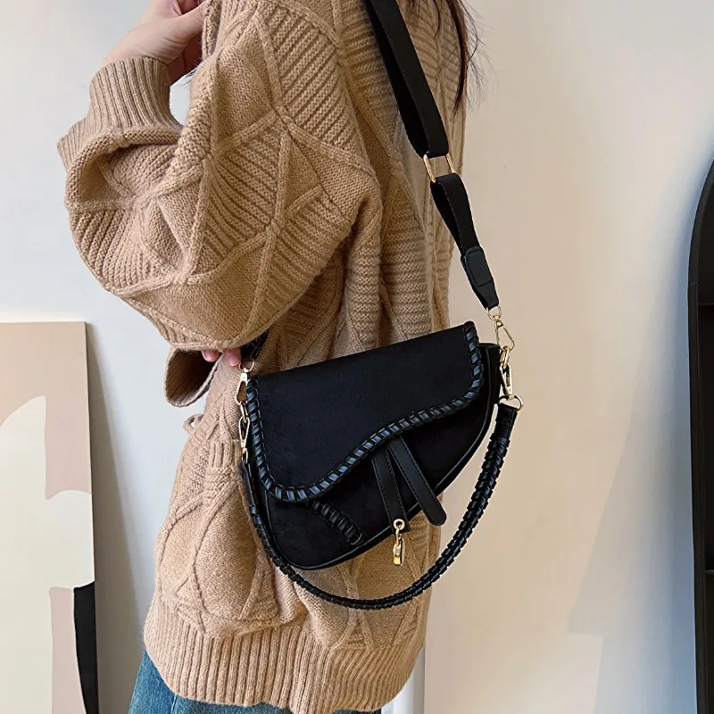 Women Retro Solid Color Saddle Bag Woman Sweet Cool Woven Crossbody Bag Trendy Shoulder Bag for Women