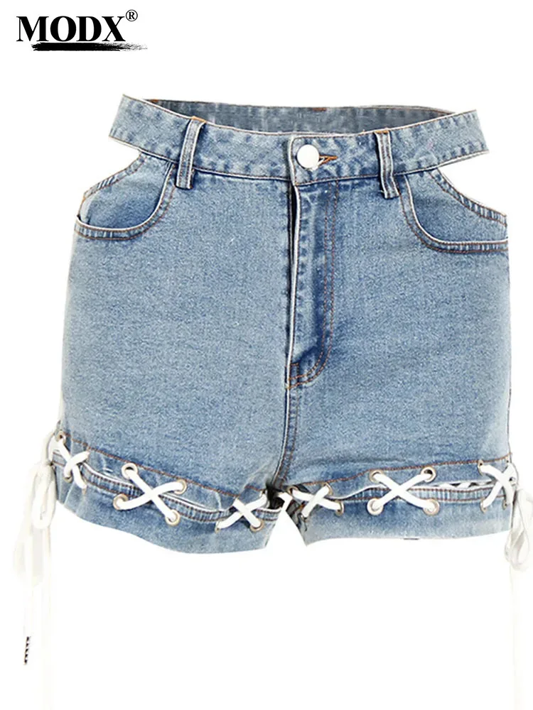 [MODX] 2024 Autumn Women Denim Shorts In Summer New Style With Hollowed-out Waist And Corded Hem, Loose