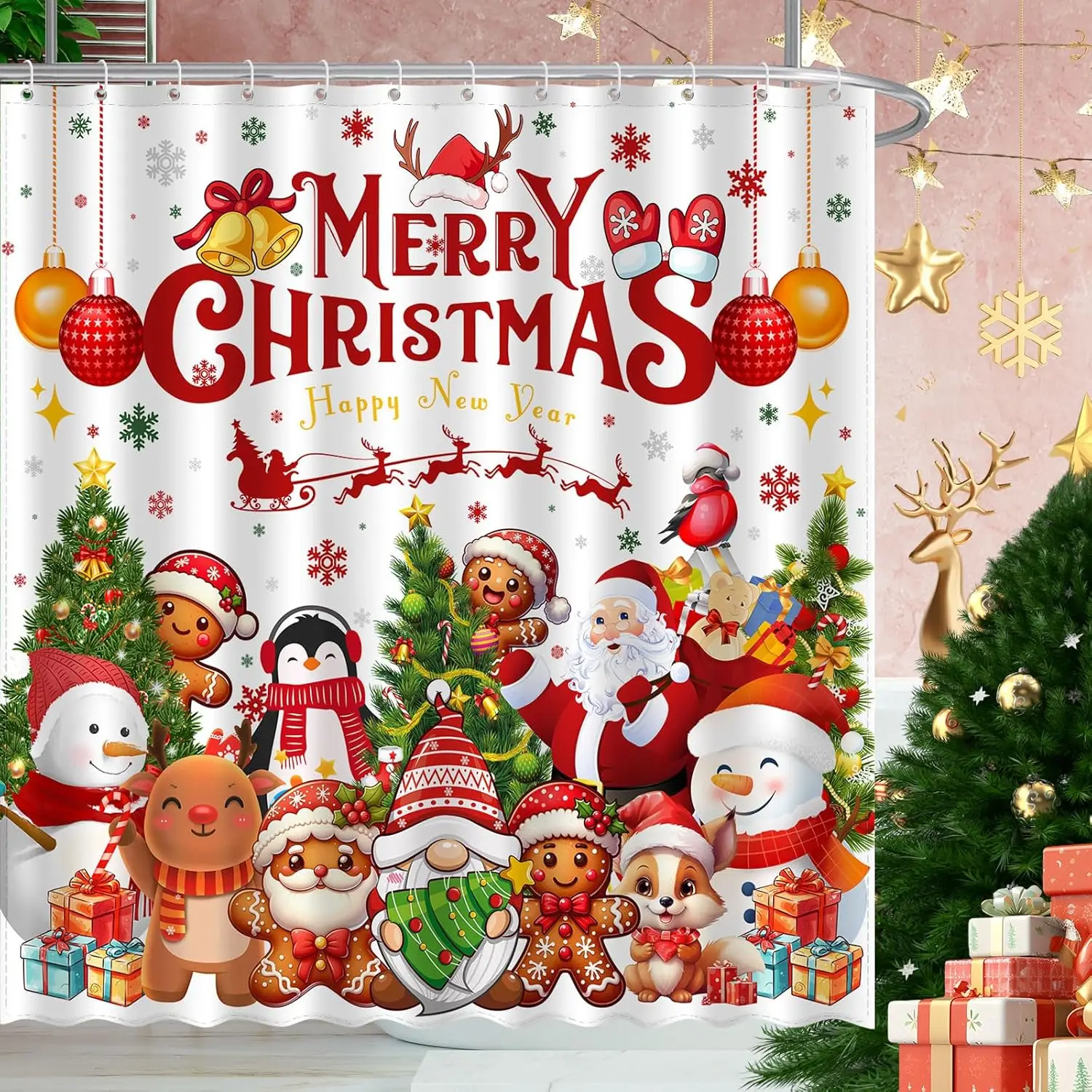 

Merry Christmas Shower Curtain, Happy New Year Winter Santa Claus Snowman Xmas Tree Home Holiday Bathroom Decor, Polyester Cloth