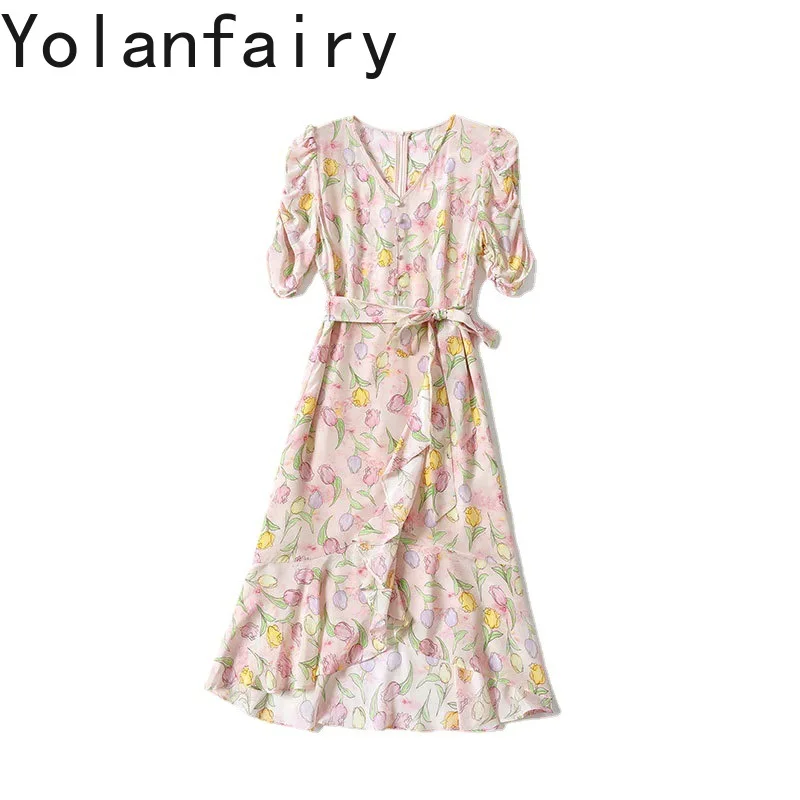 

YOLANFAIRY 100% Genuine Mulberry Silk Summer Dresses 2025 Woman Clothing V-neck Fashion Short Sleeve Dress Lace-up Beach Dress