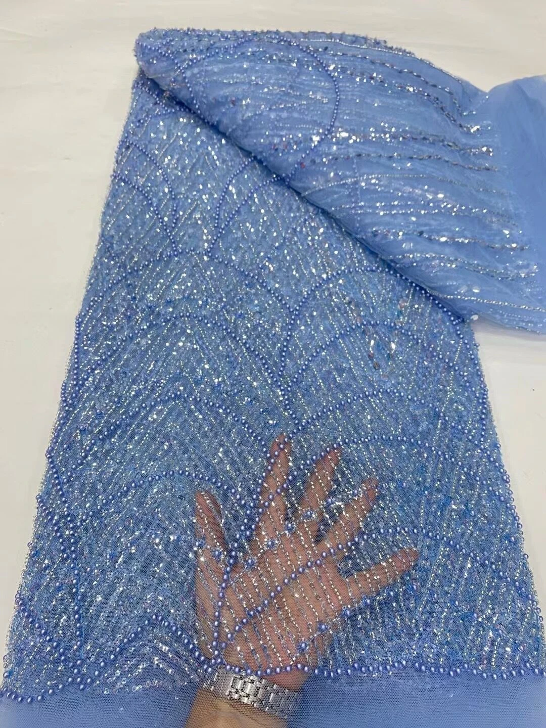 Luxe Blue Mesh Sequins African Lace Fabric Embroidery For Women Evening Dresses Dubai Beaded Fabrics Materials 5 Yards Clothes